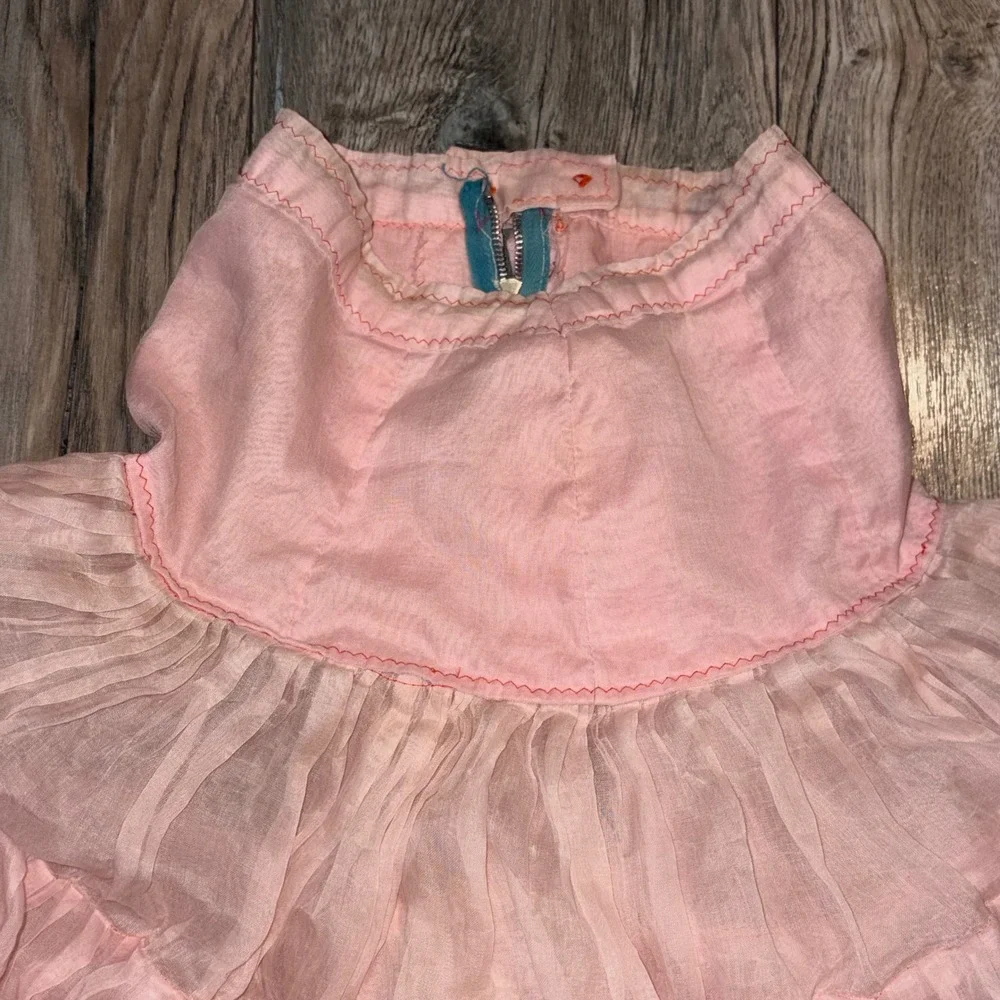 Vintage Pink Tiered Ruffle Crinoline Skirt Kids Metal Zipper Sheer Petticoat